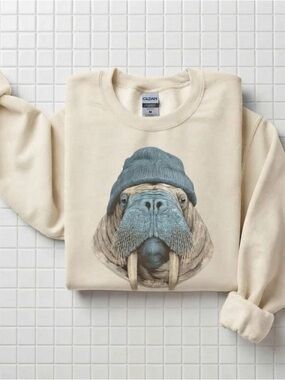 Hipster Walrus in Beanie Sweatshirt Funny Arctic Animal Graphic Crewneck Top